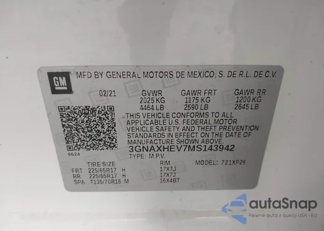 2021 Chevrolet Equinox Fwd Ls z USA, uszkodzony, nr VIN 3GNAXHEV7MS143942